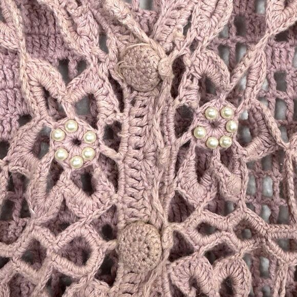 Vintage Y2K Womens Top L Pink Crochet Long Vest Boho Hippie Pearls Embellished - Picture 6 of 9